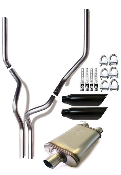 1987-2004 Dodge Ram 1500 and 2500 Dual 2.5'' Mandrel-Bent Pipe with Black Tips and 2.5" Center Diameter Dual Chamber Muffler Exhaust Kit