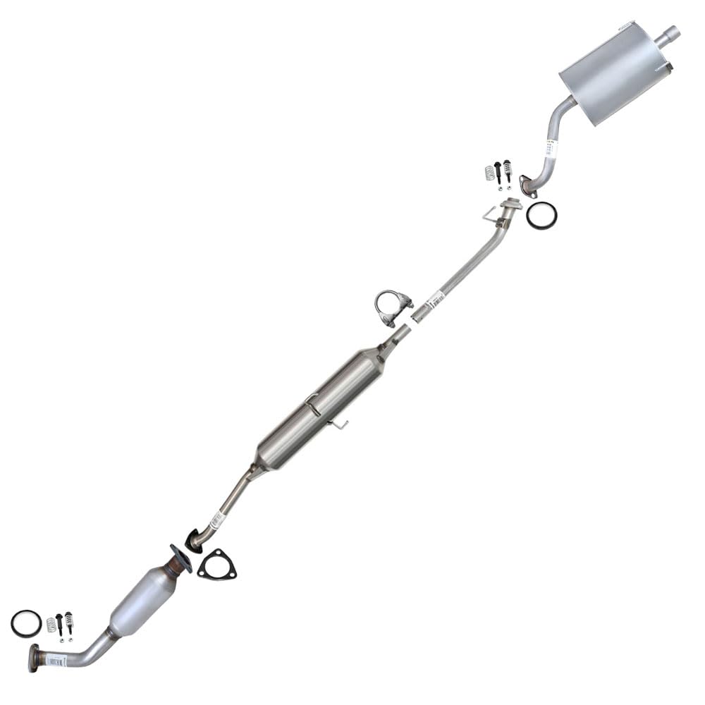 A full exhaust system kit consisting of a stainless steel EPA approved catalytic resonator and muffler, along with various connecting pipes and clamps.