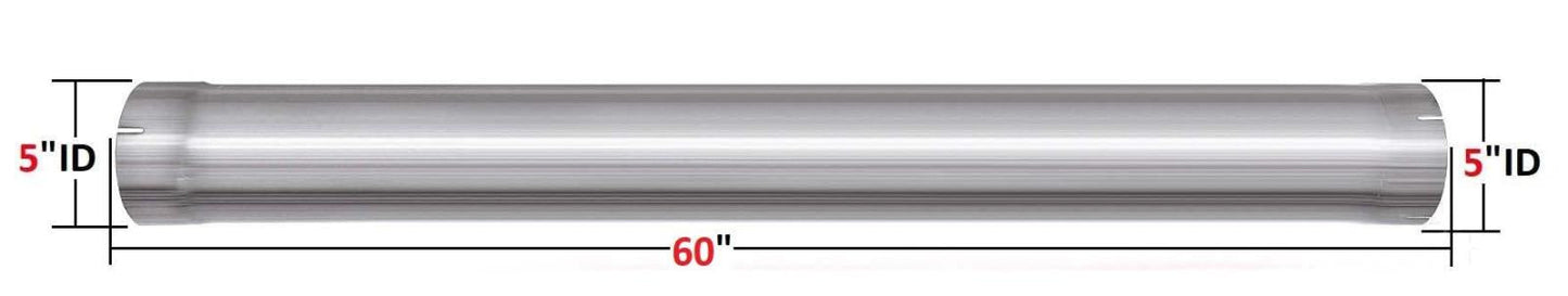 Stainless Steel Exhaust Straight Pipe 5" ID x 60" Long with Two Lap Joint Band Clamps