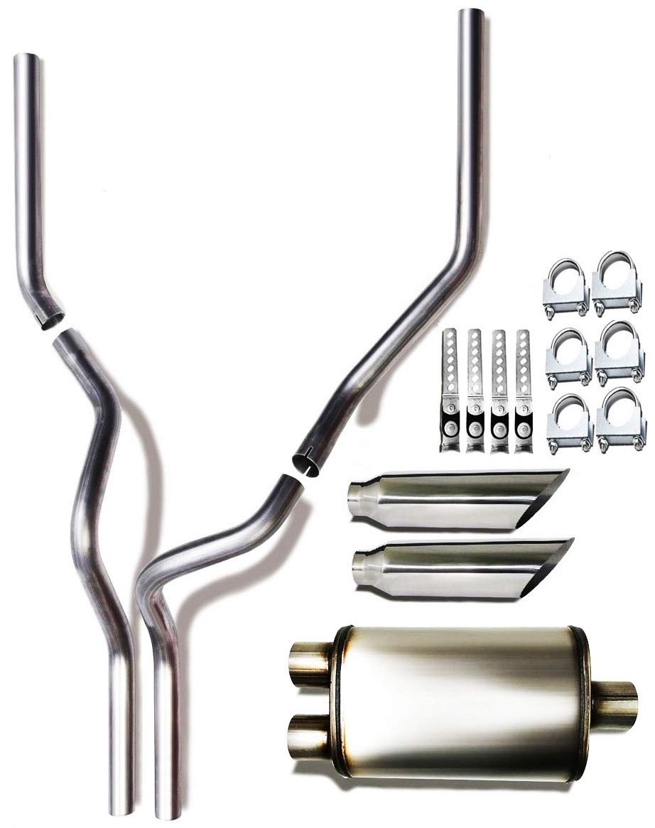 1987-2004 Dodge Ram 1500 and 2500 Dual 2.5'' Mandrel-Bent Pipe with Rounded Edge Tips and Single Chamber Muffler Exhaust Kit