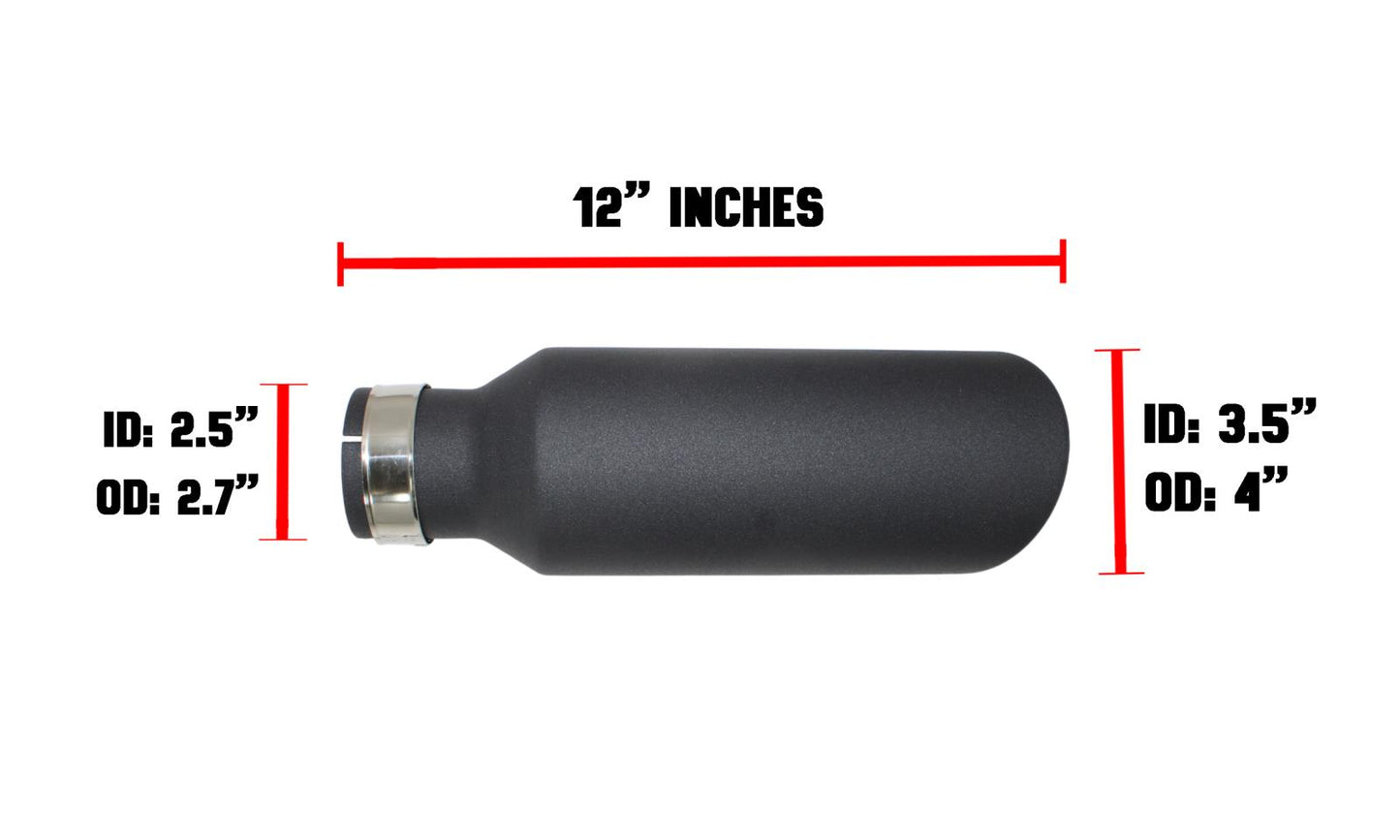 One Powder Coated Black Exhaust Tip 2.5" Inlet | 4" Outlet | 12" Long