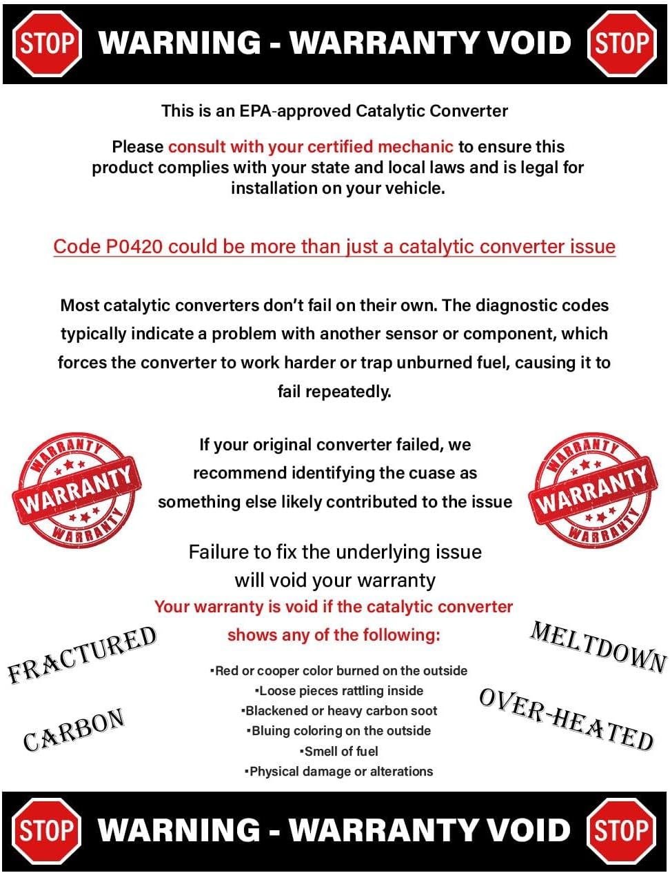 Warning label about catalytic converter issues and warranty voids, with red and black text on a white background.