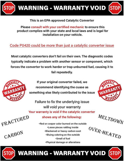 Warning label about catalytic converter issues and warranty voids, with red and black text on a white background.