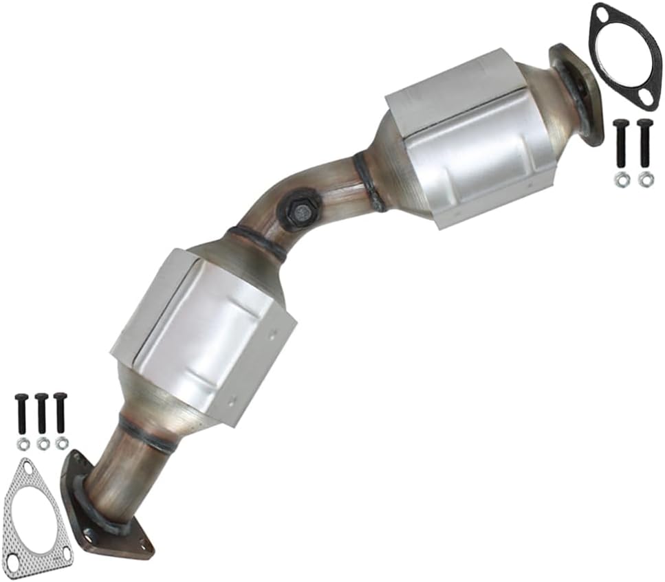 Car catalytic converter with gaskets and bolts on a white background