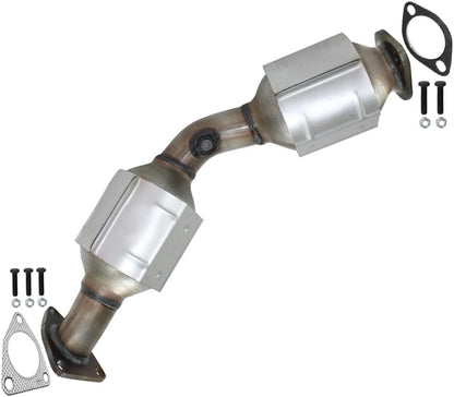 Car catalytic converter with gaskets and bolts on a white background